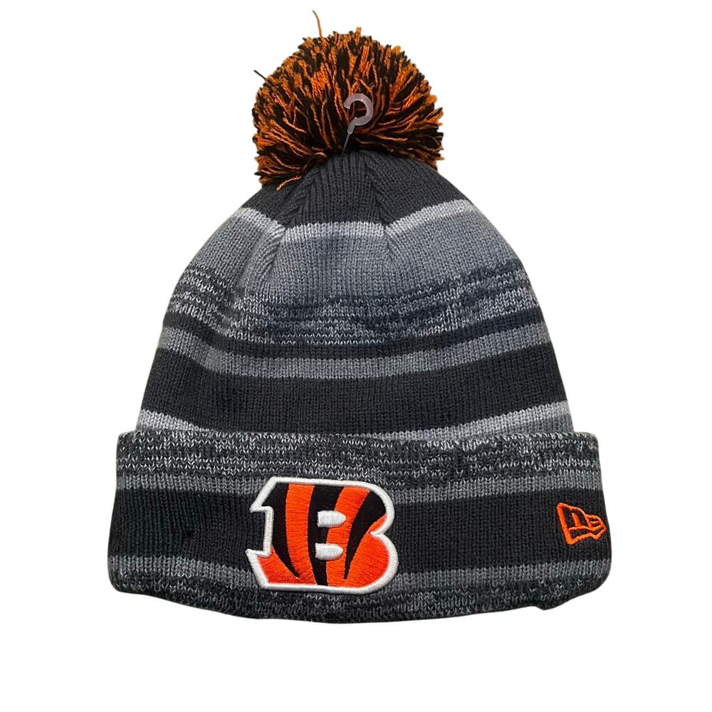 New Era‎ Cincinnati Bengals Pom Beanie Gray Black Stripe NFL Cap Fleece Lined